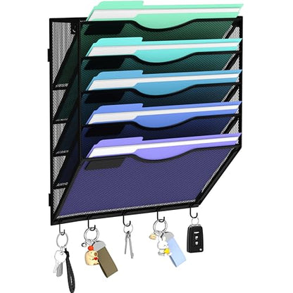 Gawerk Hanging Wall File Organizer with 5 Hooks - Wall Mounted Mail Paper Document Folder Holder, Sturdy Mesh Magazine Rack for Office Home (5 Tier) - size: 5 Tier