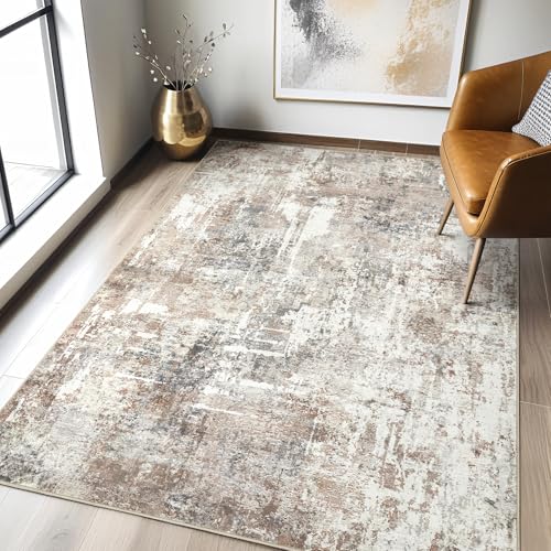 LOONGRUG 4x6 Area Rug Machine Washable Neutral Modern Abstract Rugs Brown | Soft Stain Resistant Non-Slip Indoor Floor Carpet for Living Room Entryway Kitchen Bedroom Nursery Office Home - color: Abstract Grey Brown, size: 4' x 6' (Rectangular)