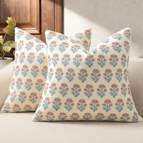 Farmhouse Floral Pillow Covers 20x20 Set of 2, Country Botanical Throw Pillow Cover for Sofa Couch Bed Living Room, Earthic Vintage Flower Cushion Covers Cottage Home Decor,Coastal Sky - color: Coastal Sky, size: 20" x 20" (Pack of 2)
