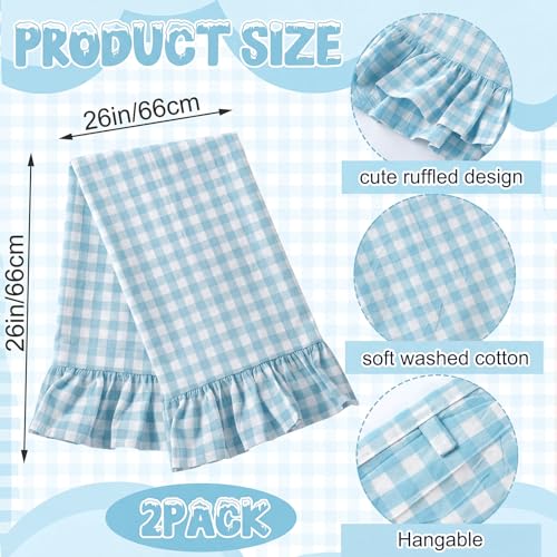 HunnmingRe Light Blue Kitchen Towels Set of 2, 100% Cotton Ruffled Gingham Dish Towels 18"x28" Tea Cloths Classic Plaid Pattern for Farmhouse Charm, Drying Dishes, Entertaining Guests - color: Light Blue, style: Gingham
