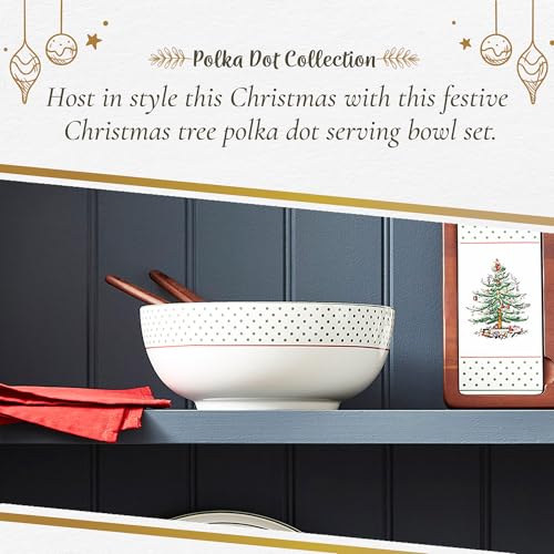 Spode Christmas Tree Polka Dot Serving Bowl & Wooden Servers - Set of 3 | Hand Painted Earthenware 10" Salad Bowl & Acacia Wood Servers for Pasta, Salads, Side Dishes & Holiday Entertaining