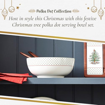Spode Christmas Tree Polka Dot Serving Bowl & Wooden Servers - Set of 3 | Hand Painted Earthenware 10" Salad Bowl & Acacia Wood Servers for Pasta, Salads, Side Dishes & Holiday Entertaining