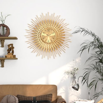 Large Mid Century Gold Wall Clock Decorative Modern Sunburst Wall Clocks, Metal Big Silent Non-Ticking Clock, Luxury Home Gift Decor for Living Room, Bedroom, Dining Room, 28 inch - size: 4.Gold-Wheat(Dismountable-70cm)