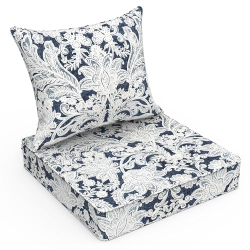 LVTXIII Outdoor Seat and Back Cushion Patio Deep Seat Cushion Set Seasonal Chair Cushion for Wicker Chairs and Garden Furniture Decoration, 22"x22"x4", Damask Lapis - color: Damask Lapis, size: 22x22x4