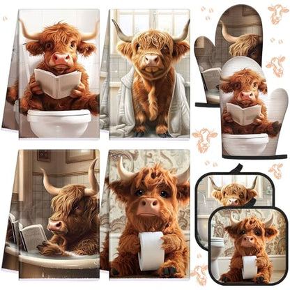 VitalCozy 8 Pcs Highland Cow Kitchen Towels Pot Holders Oven Mitt Set Absorbent Highland Cattle Dish Towels Square Potholders Watercolor Heat Resistant Glove for Home Cooking Baking Gift(Funny) - style: Funny