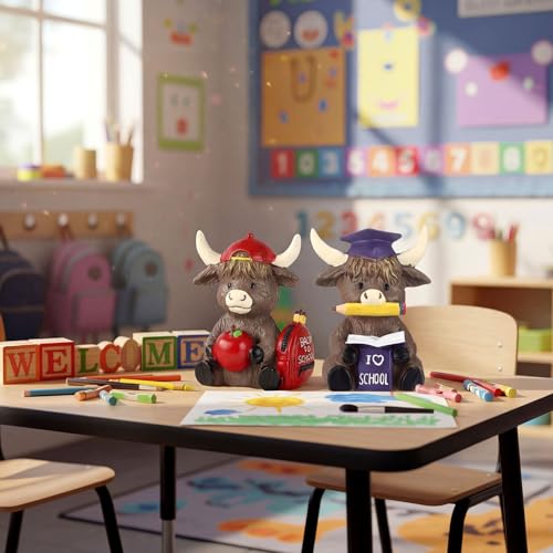Wesiti 2 Pcs Back to School Highland Cow Figurines Decor | Gnomes Scottish Resin Statue, Calf Lovers Gifts, for Farmhouse Home Garden Kitchen Office, Table Shelf Tiered Tray Decor - style: Back to School