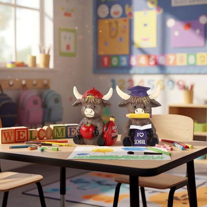 Wesiti 2 Pcs Back to School Highland Cow Figurines Decor | Gnomes Scottish Resin Statue, Calf Lovers Gifts, for Farmhouse Home Garden Kitchen Office, Table Shelf Tiered Tray Decor - style: Back to School