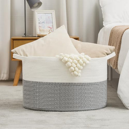 XXXLarge Woven Cotton Rope Basket (21.7" x 13.8") 90L – Blanket Basket for Living Room, Laundry Hamper, Baby Laundry Hamper, Toy Storage, Pillows & Cushions Organizer (White&Grey) - color: White&Grey