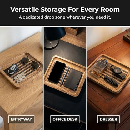 American Flag Valet Tray for Men - Wood EDC Catchall Tray | Laser-Engraved Wooden Tray, Patriotic Key Bowl, Nightstand & Entryway Organizer, Law Enforcement and Police Officer Gifts