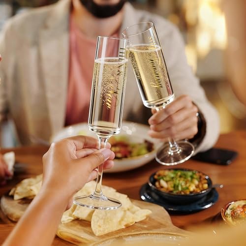 AW BRIDAL Anniversary Champagne Flutes Set of 2 with Wooden Keepsake Box | Engagement Gifts for Couples, Mr and Mrs Champagne Flutes, Crystal Toasting Glasses, Bridal Shower and Wedding Gift - color: Then & Now（Brown）, size: Set of 2（Wooden box）