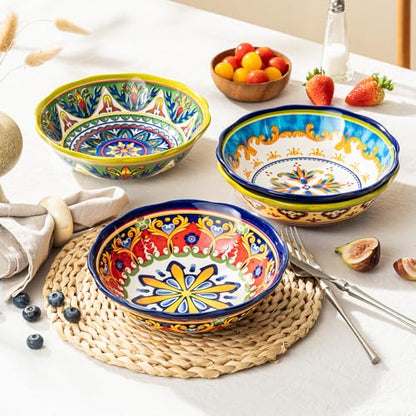 UNICASA Ceramic Pasta Bowls Set, 27 oz Cereal Bowls Set of 4, Porcelain Colorful Bowls for Salad, Soup, Noodle, Boho Style, Dishwasher & Microwave Safe