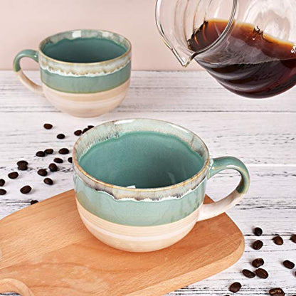 Bosmarlin Large Ceramic Coffee Mug Set of 2, Stoneware Jumbo Latte Mugs for Office and Home, 16 Oz, Dishwasher and Microwave Safe(Green, 2) - color: Green
