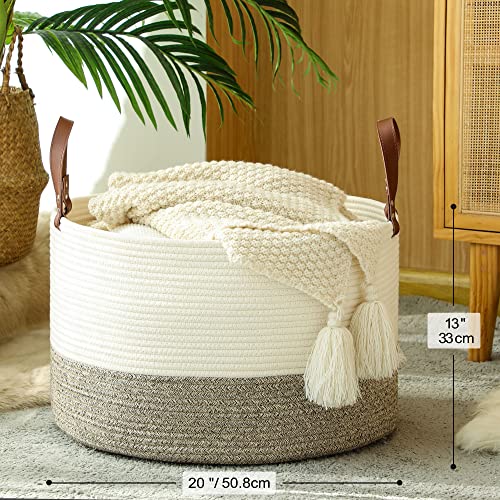 KAKAMAY Large Blanket Basket (20"x13"),Woven Baskets for storage Baby Laundry Hamper,Cotton Rope Blanket Basket for Living Room, Laundry, Nursery, Pillows, Baby Toy chest (White/Beige) | Extra Large Capacity | Natural Cotton Rope | Blanket Storage | Woven