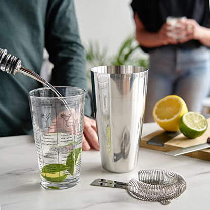 True 3-Piece Barware Set for Mixed Drinks and Cold Brew Cocktails, Includes Cocktail Shaker Tin, Cocktail Mixing Glass with 7 Printed Recipes, and Hawthorne Strainer, Home Bar Tools, Bartender Gifts - size: 3-Piece