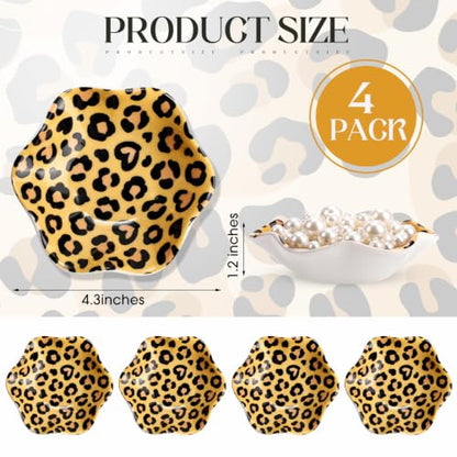 4 Pack Small Jewelry Dish Ceramic Trinket Holder Leopard Print Dish Tray for Rings Earrings Necklaces Bracelets 4.3 x 3.9 Inch Key Bowl Women's Birthday Mother's Day Wedding Gift - color: Brown, style: Ceramic
