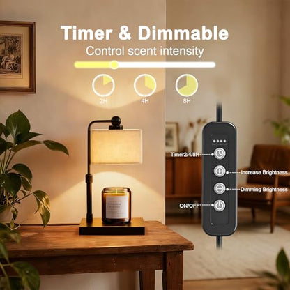 Candle Warmer Lamp with Timer, Dimmable, Adjustable Height, Modern Farmhouse Linen Shade, Black Candle Warming Lamp for Up to 6-Inch Jar Candles, 2 Bulbs Included - color: Flaxen-Rectangular