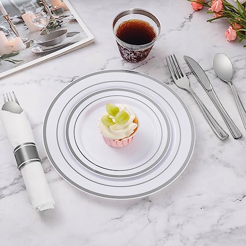 350 Piece Silver Plastic Dinnerware Set for 50 Guests | Disposable Dinnerware Includes: 50 Dinner Plates, 50 Dessert Plates, 50 Pre Rolled Napkins with Silver Silverware, 50 Cups - color: Silver, style: 350 Piece (50 guests)