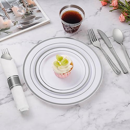 350 Piece Silver Plastic Dinnerware Set for 50 Guests | Disposable Dinnerware Includes: 50 Dinner Plates, 50 Dessert Plates, 50 Pre Rolled Napkins with Silver Silverware, 50 Cups - color: Silver, style: 350 Piece (50 guests)