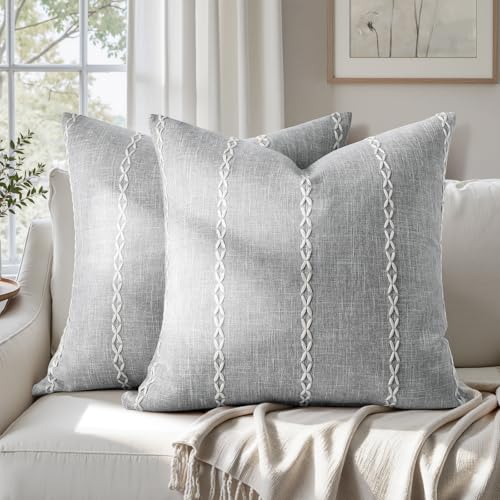 HOMEIDEAS Decorative Striped Throw Pillow Covers 24x24 Set of 2 | Gray Farmhouse Cushion Embroidered Pattern,Soft Linen Feel Textured Neutral,Couch Sofa Bed Living Room,Farmhouse Fall Decor - color: Light Grey Stripe, size: 24" x 24" (Pack of 2)