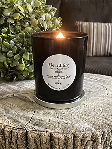 Hearthfire - Sandalwood Scented Soy Candle w/Natural Oils, Wood Wick, Smoky Dark Sweet, Made in The USA in Black Jar - Aromatherapy, Gifts for Housewarming, Birthday, Holidays, Sympathy, Men, Women