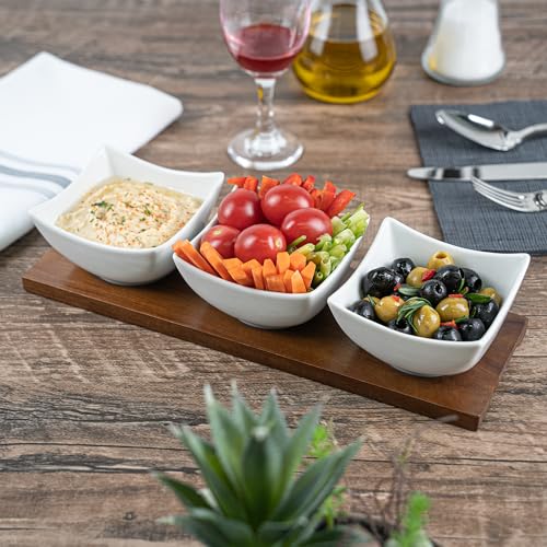 Restaurantware-15 Ounce Bowl Set with Tray - 1 Dishwashable Serving Set, Includes 3 Porcelain Bowls And 1 Bamboo Tray, Durable, White Porcelain And Bamboo Bowl And Platter Kit, Reusable, Freezable - size: Triple set, style: Cocktail