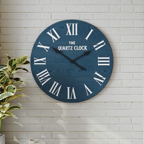 ARTPOWER 24” Large Farmhouse Wall Clock with Roman Numeral, Blue | Shiplap Wall Clock, Nearly Non-Ticking, Round Wall Clocks for Living Room Decor, Office, Bedroom, Entrance - color: Blue, size: 24"W x 24"H
