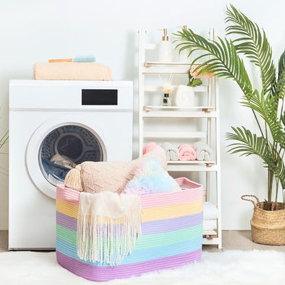 22in Extra Large Blanket Basket Holder Living Room, Rectangle Rope Woven Storage Basket with Handles for Laundry, Pool Towels, and Shoes, Dog Toy Organizer Bin Box, Pastel Rainbow