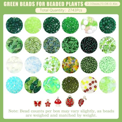 CYUXING 2746Pcs Beaded Plant Kit, Green Glass Beads for DIY Succulent Plants, Craft Beads Set with Ladybug Charm Floral Wire for Home Decor Jewelry Making, Artificial Greenery Supplies
