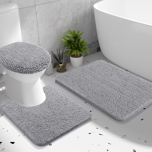OLANLY Bathroom Rugs Sets 3 piece, Soft Absorbent Chenille Bath Mat, U-Shaped Contour Toilet Mat and Toilet Lid Cover, Quick Dry, Machine Washable, Toilet Cover and Rug Set for Bathroom, Grey - color: Grey, size: 30" X 20" + U24" X 20" + 17.5" X 15"