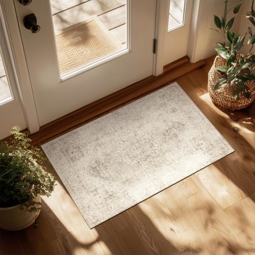 Washable Small Area Rugs for Entryway: 2x3 Door Mat Indoor Entrance | Boho Rug,Vintage Distress,Non-Slip,Low Pile,Soft,Throw,Carpet,Bathroom,Kitchen,Hallway,Nursery,Bedroom,Farmhouse Decor - color: Beige/Light Brown/Multi, size: 2' x 3' (Rectangular)