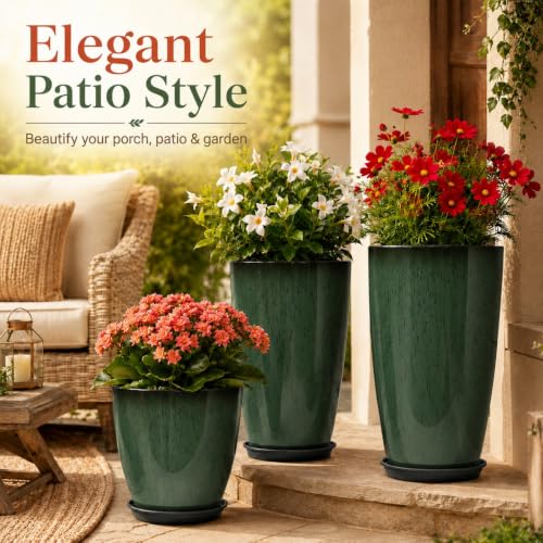 Neoaider Set of 3 Tall Planter, 24/21/12in Large Plastic Planter, DarkGreen | Ceramic-Look, Lightweight, Built-in Drain Hole, Saucers, Tall Outdoor Planter for Porch, Garden, Patio, Balcony - color: Dark Green