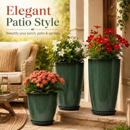 Neoaider Set of 3 Tall Planter, 24/21/12in Large Plastic Planter, DarkGreen | Ceramic-Look, Lightweight, Built-in Drain Hole, Saucers, Tall Outdoor Planter for Porch, Garden, Patio, Balcony - color: Dark Green