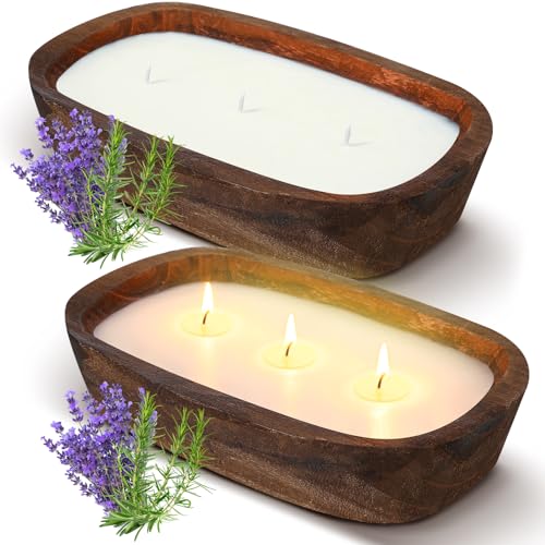 Threlaco 2 Pack Wooden Dough Bowl Scented Candle,Lavender | 3 Cotton Wicks for Even Burning, Natural Soy Wax Blend, Farmhouse Table Centerpiece, Rustic Wooden Bowl Candle Gift Set