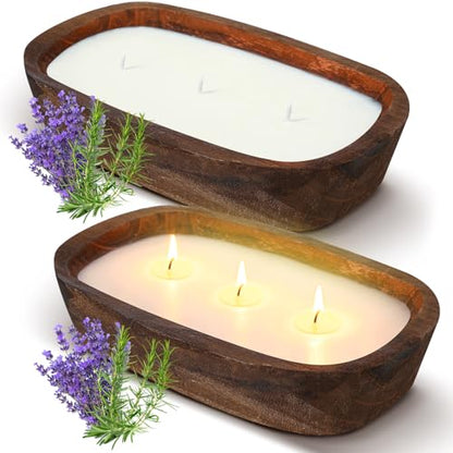 Threlaco 2 Pack Wooden Dough Bowl Scented Candle,Lavender | 3 Cotton Wicks for Even Burning, Natural Soy Wax Blend, Farmhouse Table Centerpiece, Rustic Wooden Bowl Candle Gift Set