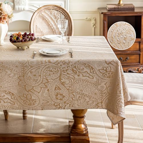Jacquard Rectangle Tablecloth, Waterproof Elegant Damask Curly Floral Pattern Table Cloth, Washable Decorative Table Cover for Kitchen/Dining/Parties - Champagne, 57 x 70Inch - color: Champagne