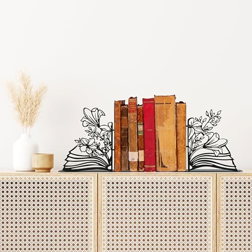 Metal Flower & Book Design Decorative Bookends – Cute Bookends for Shelves | Fun Reading Room Decor for Book Lovers, Black