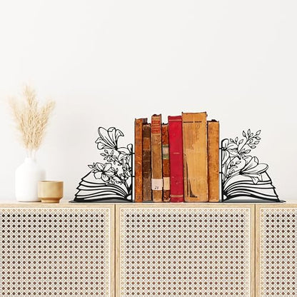 Metal Flower & Book Design Decorative Bookends – Cute Bookends for Shelves | Fun Reading Room Decor for Book Lovers, Black