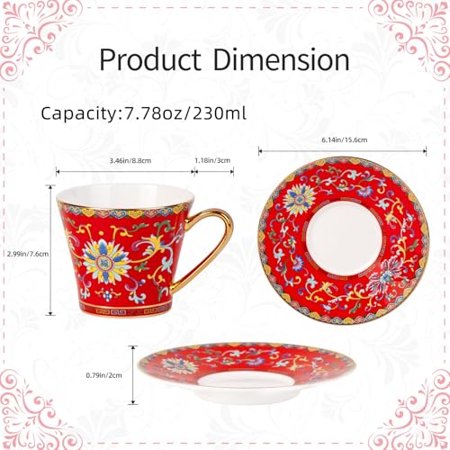 KAMMAK Tea Cup and Saucer, Ceramic Coffee Cups, 8 oz, Set of 2 | Porcelain Tea Cups with Saucers for Coffee and Cappuccino, Ideal for Breakfast, Afternoon Tea and Entertaining,629N+630N - style: 629N+630N