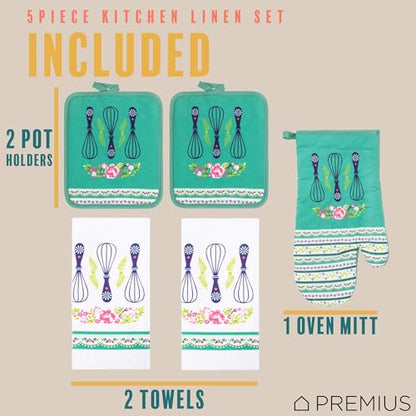 5 Piece Grandma's Whisks Printed Kitchen Linen Set, 2 Cotton Towels,2 Potholders,1 Oven Mitt with Hanging Loop, 100% Cotton Material on Front & Polyester Backing, Perfect Kitchen Accessory - color: Grandma's Whisks
