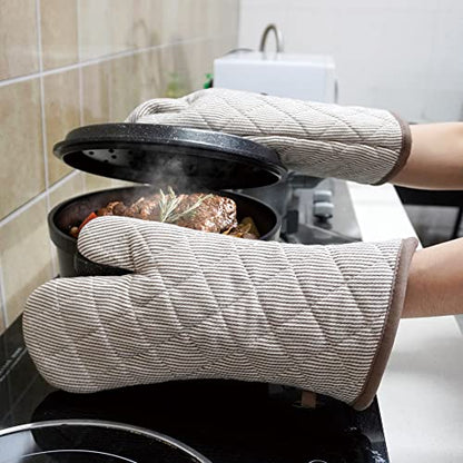 Yarn Dyed Oven Mitts 1 Pair, 100% Cotton Heat Resistant 470 Degree | Oven Gloves for Men Women Cooking Baking Barbecue BBQ Microwave Crafting Machine Washable Pot Holders Mittens (Khaki 2) - color: Khaki