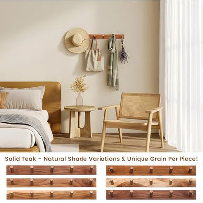 Natural Teak Wall-Mounted Coat Rack (Set of 2, 16'' Hole to Hole) - Farmhouse Entryway Hooks with 5 Wooden Hooks Each, Rustic for Bathroom, Mudroom 2P - color: Teak wood 1-2P