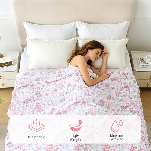 Viviland Cotton Muslin Reversible Fleece Blanket Lightweight Breathable Gauze Queen Size 90 x 90 Inches Pink Purple Flowers - color: Pink Purple Flowers, size: Queen Size (90 X 90 Inches)