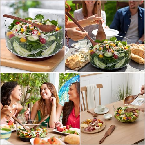 FoldTier Large Glass Salad Bowl Set, Party Salad Bowl with Acacia Wood Base and Lid as Cheese Charcuterie Board and Plate, Comes with 5 Pieces Elegant Wood Serving Utensils
