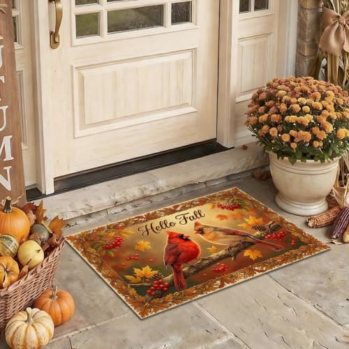 Cardinal Welcome Door Mat, Seasonal Rustic Leaves Berries Fall Brown Washable Low Profile Decorative Doormat for House Office Outside Inside Entrance Decor 29x17 Inch