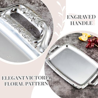 2 Pcs Silver Serving Tray Elegant Floral Metal Plate Silver Platter Tray for Summer Buffet Wedding Party Jewelry Decorative (Oblong with Handle) - style: Oblong