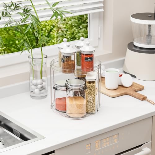 Clear 360 Rotating Bathroom Counter Organizer,2 Tier Spinning Perfume Organizer and Makeup Tower for Lotion,Hair,Face Skincare Beauty Products,Tiered Lazy Susan and Makeup Organizers for Vanity - style: Round