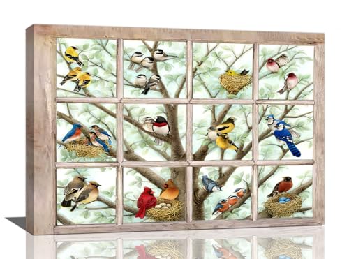 exroozy Rustic Birds Wall Art Farmhouse Hummingbirds on Branch Pictures Wall Decor Window View Colorful Bird Print Painting Artwork for Kitchen Bathroom Bedroom Living Room Ready to Hang 16"x24" - color: window birds, size: 16"L x 24"W