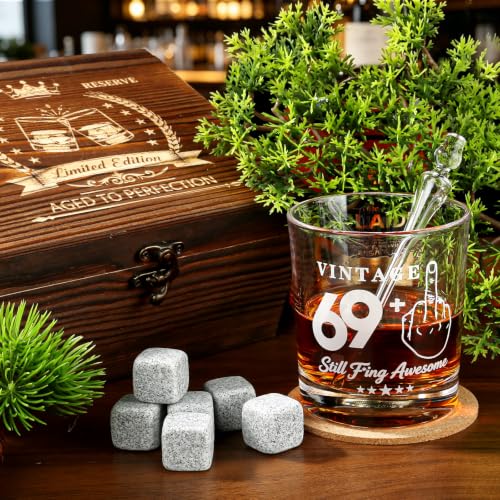 70th Birthday Gifts for Men, Funny Whiskey Glass Set with Vintage Wood Box | Includes Whiskey Stones, Tongs, Pipette &Greeting Card, 70 Year Old Birthday Party Supplies for Dad, Grandpa Who Loves Scotch - style: 70th Mens Gifts