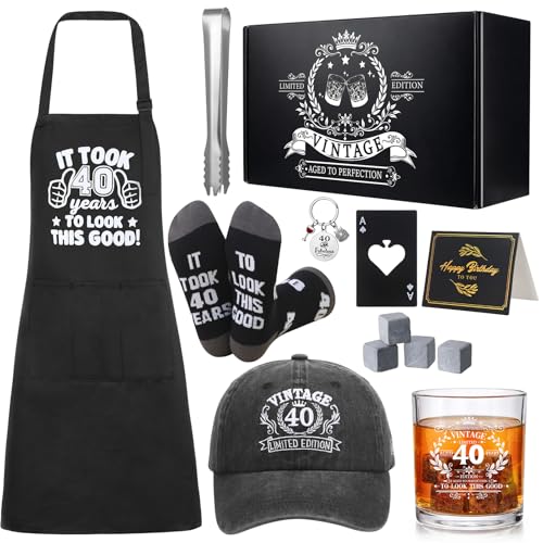 40th Birthday Gifts for Men 40th Birthday Party Supplies | Include 11 Oz Glass Stone Ice Tong Bottle Opener Cap Apron Socks Keychain Greeting Card for Him, Dad, Husband, Friends - style: 40th