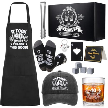 40th Birthday Gifts for Men 40th Birthday Party Supplies | Include 11 Oz Glass Stone Ice Tong Bottle Opener Cap Apron Socks Keychain Greeting Card for Him, Dad, Husband, Friends - style: 40th